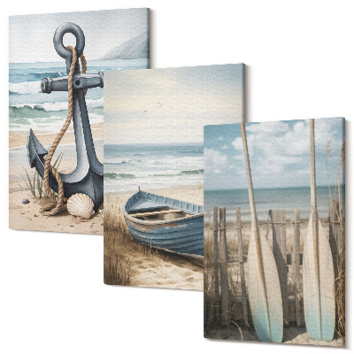 Sada 3 obrazov Lodná kotva a veslá na pláži s morom