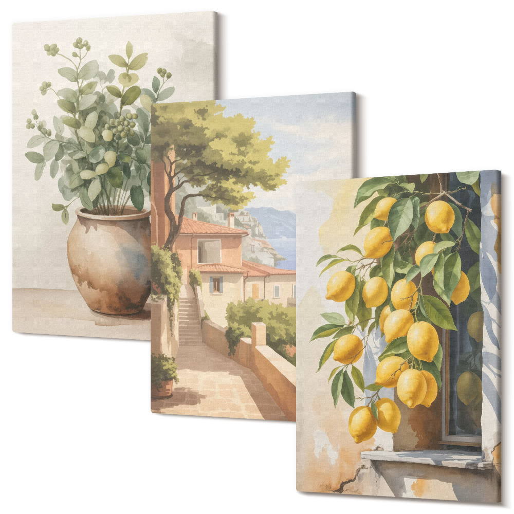Sada obrazov na stenu triptych Kvety vo váze s výhľadom na more a citróny