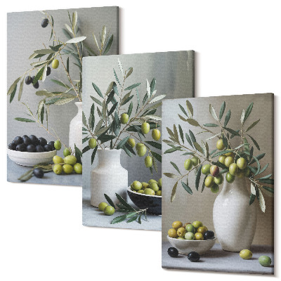 Sada obrazov na stenu triptych Olivy vo vázach s konármi na sivom pozadí