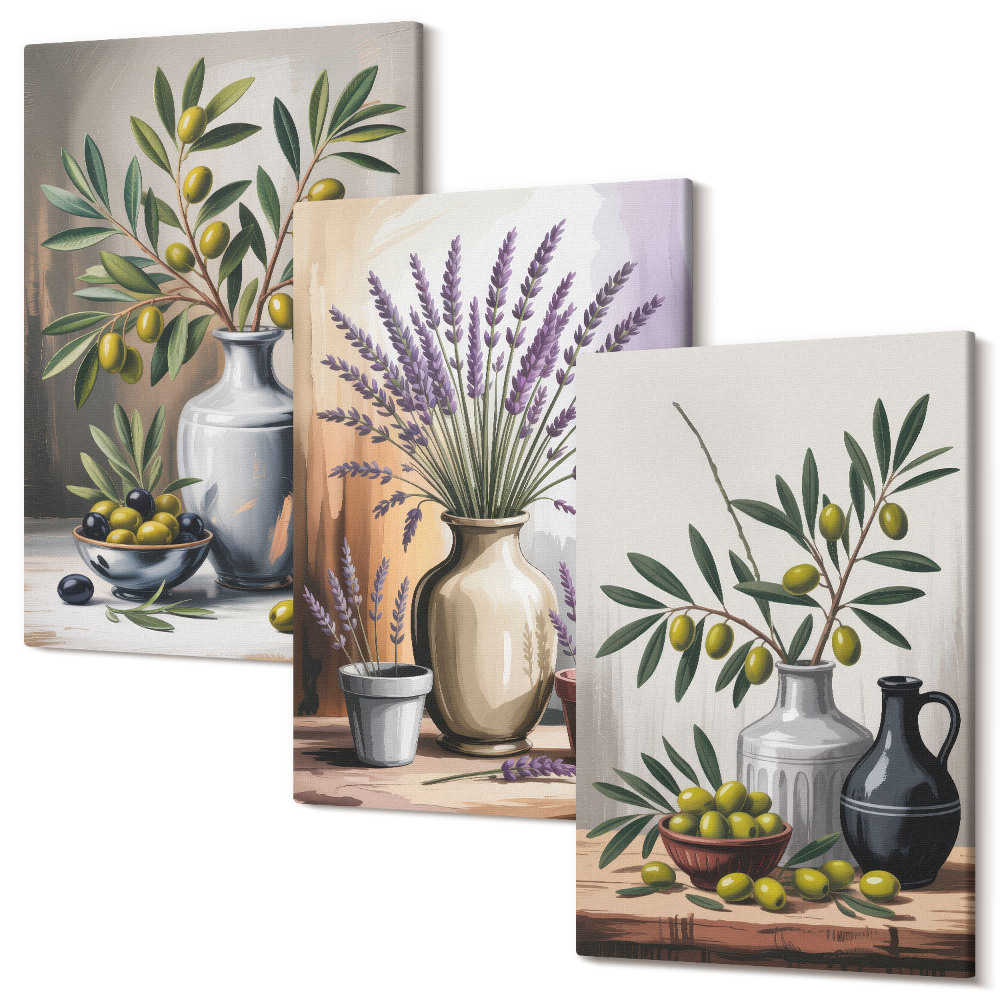 Sada obrazov triptych Kvety a olivy vo vázach na svetlom pozadí