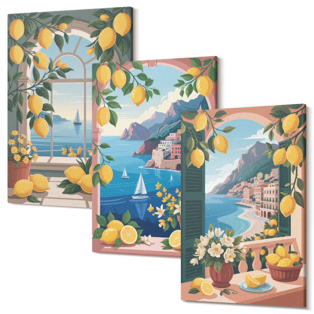 Sada obrazov na stenu triptych Okno s výhľadom na more s talianskymi citrónmi