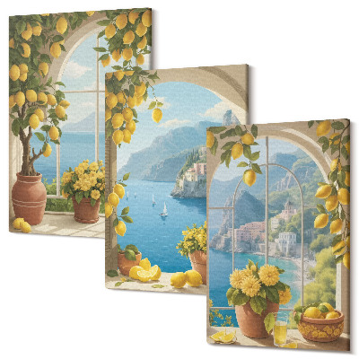 Sada 3 obrazov Morské scenérie s talianskymi citrónmi v oknách
