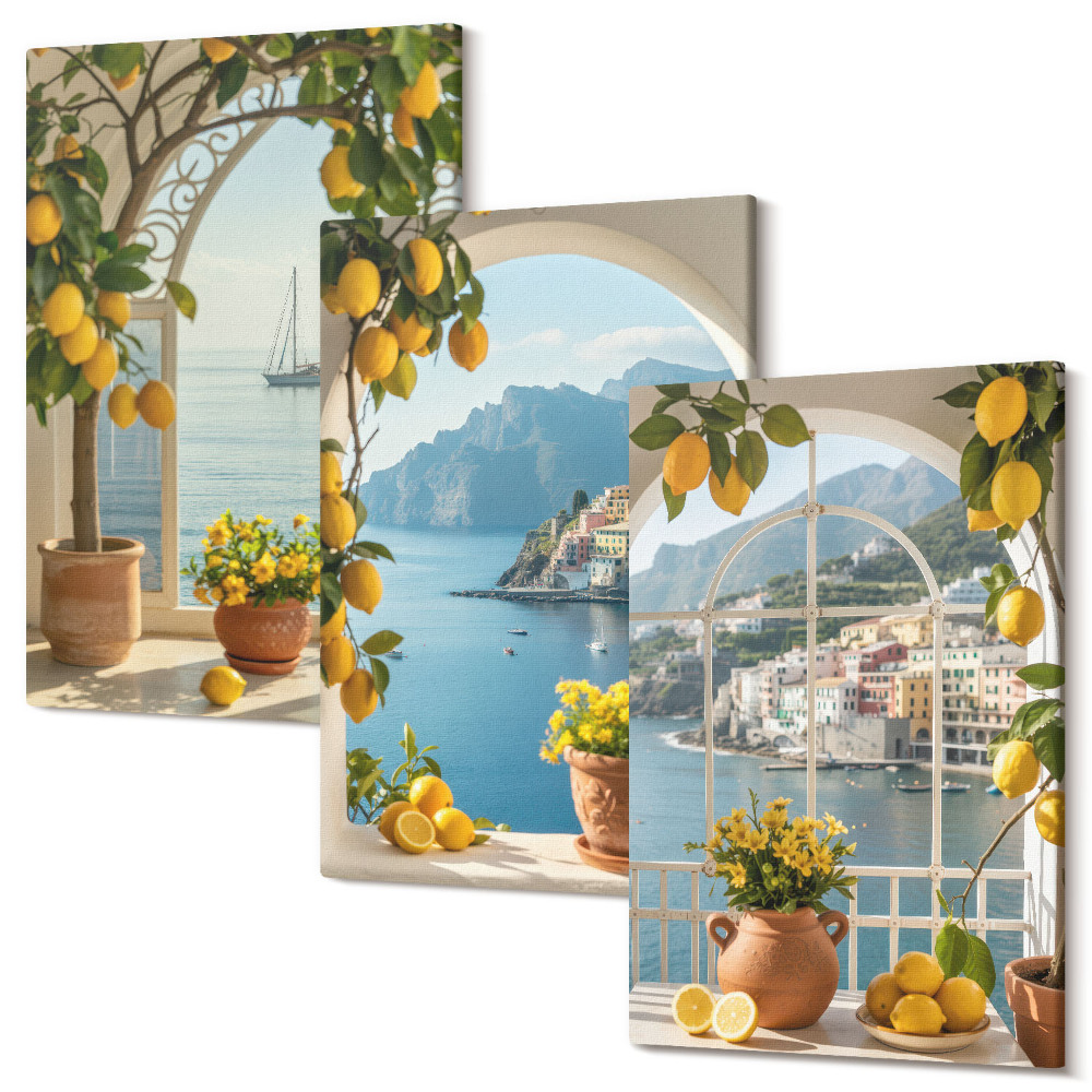 Sada obrazov triptych Prímorské mesto citróny a kvety v kvetináčoch