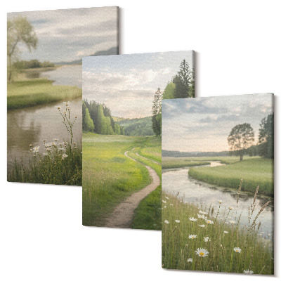 Sada 3 obrazov Pokojná letná krajina s riekou a kvetinovou lúkou