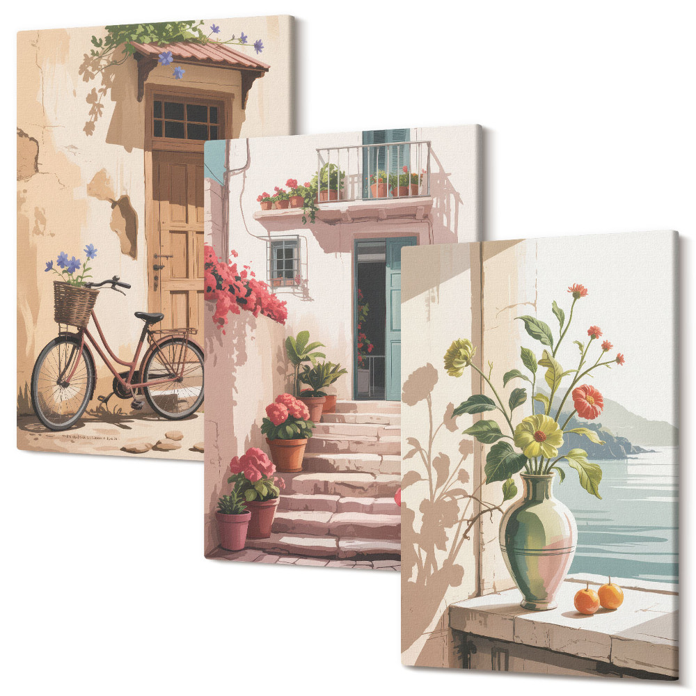 Sada obrazov triptych Pomaľované ulice kvetmi a bicyklom