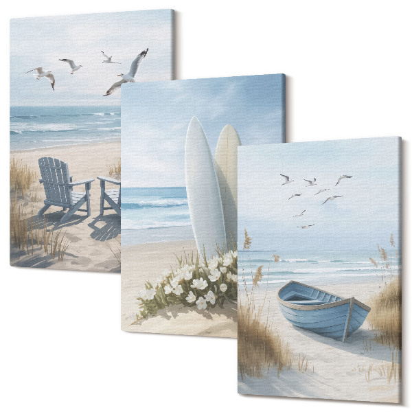 Sada obrazov na stenu triptych Pláž so surfmi, člnmi a vtákmi