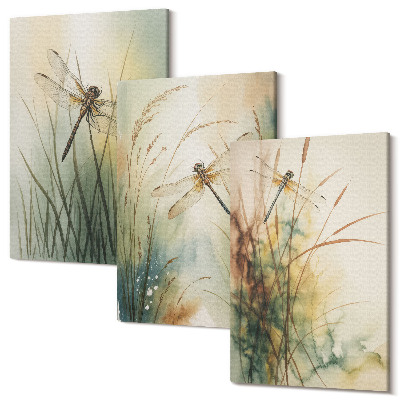 Sada 3 obrazov Maľované trávy s vážkami nad vodou