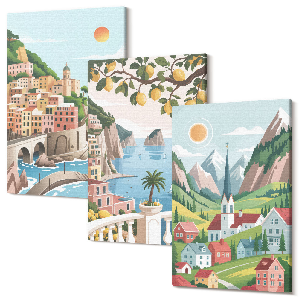 Sada obrazov na stenu triptych Malebná krajina s morom a citrusovými plodmi