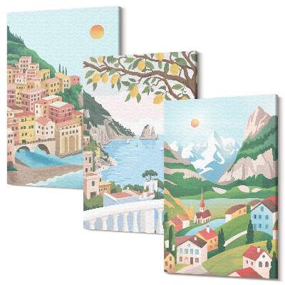 Sada 3 obrazov Pohľad na more s pastelovými domami
