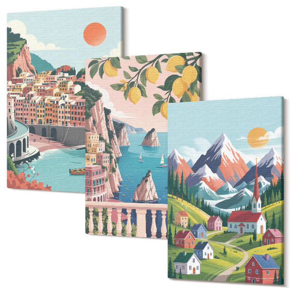 Sada obrazov triptych Farebné horské krajiny a prímorské mestá