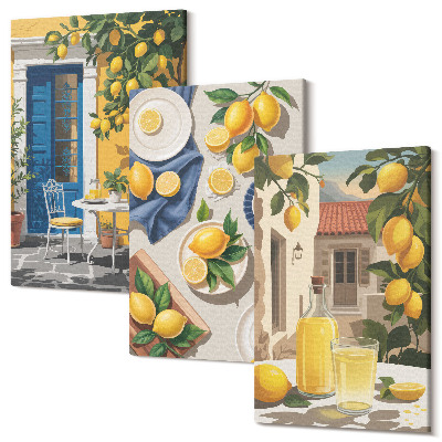 Sada obrazov triptych Citrónová záhrada s citrónmi a nápojmi na stole
