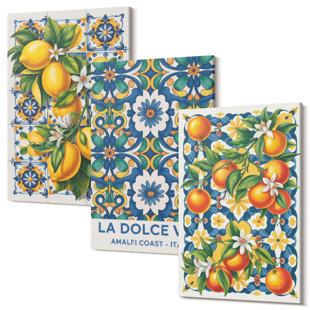 Sada 3 obrazov Plagáty s citrusmi a farebnými abstraktnými vzormi