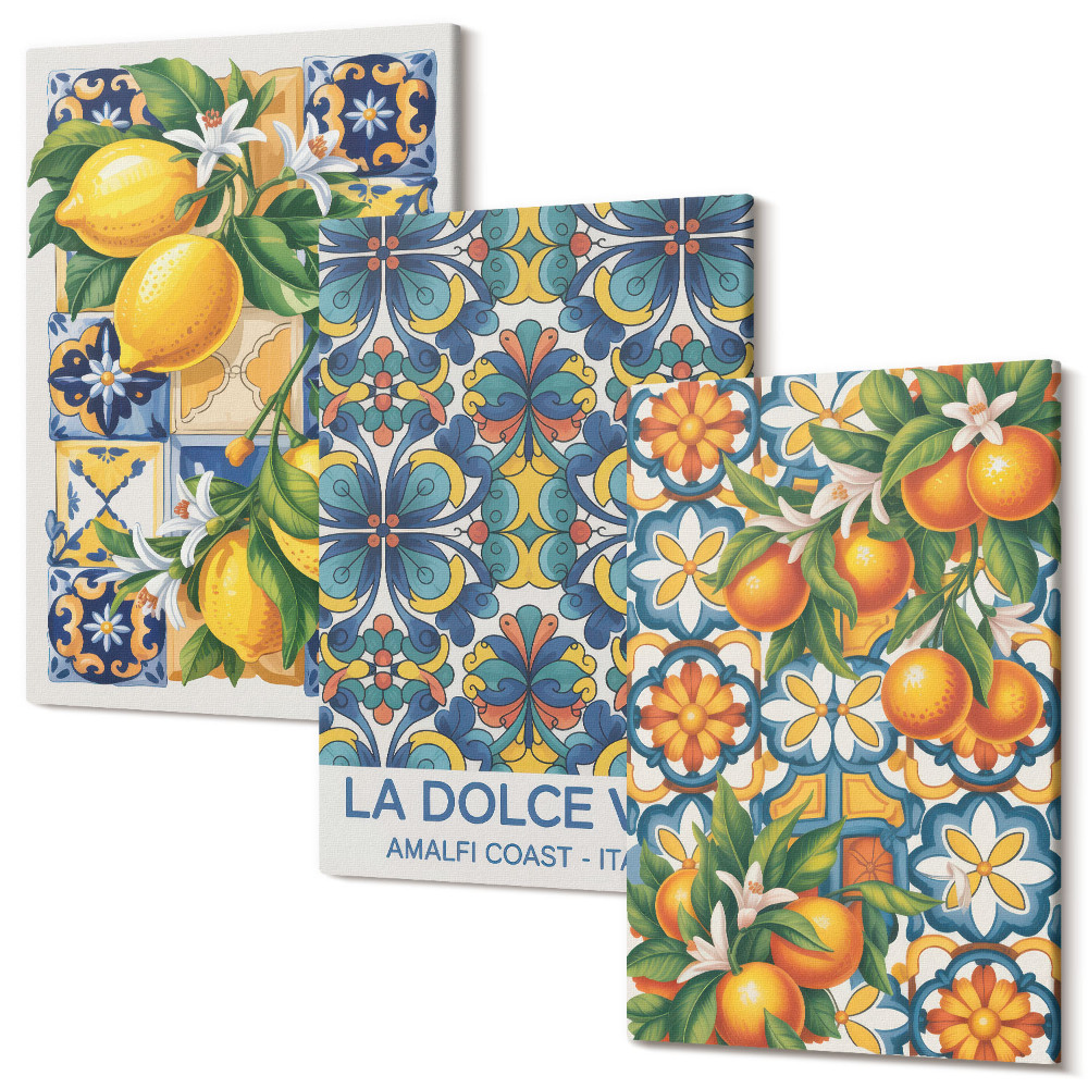 Sada obrazov na stenu triptych Citrónové a pomarančové kvety vo farebných vzoroch