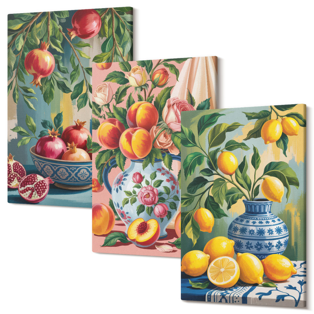 Sada obrazov triptych Ovocné kompozície s granátovými jablkami, citrónmi a broskyňami