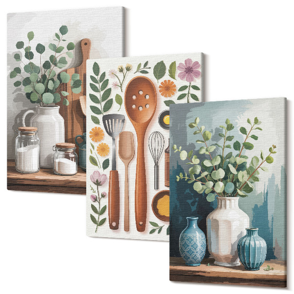 Sada obrazov triptych Kuchynské doplnky s rastlinami v modernom štýle