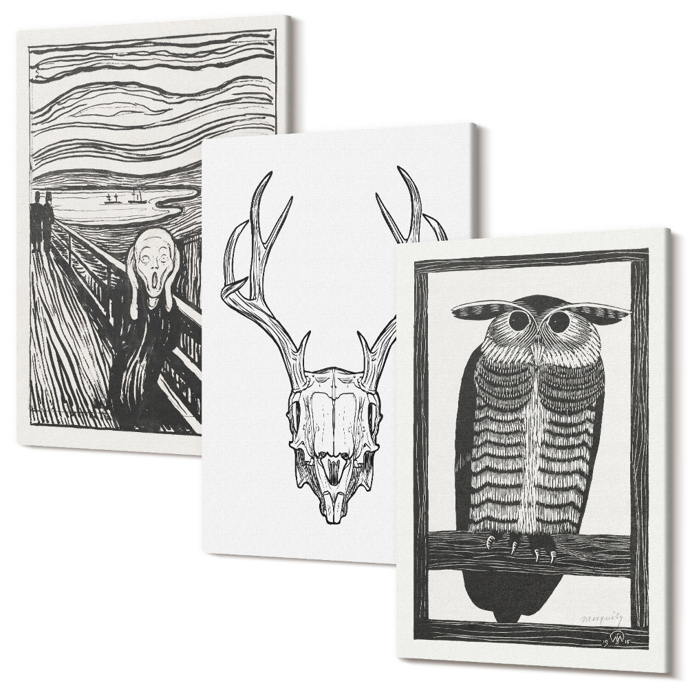 Sada obrazov na stenu triptych Inšpirované obrázkom Scream s lebkou a sovou v grafickom štýle