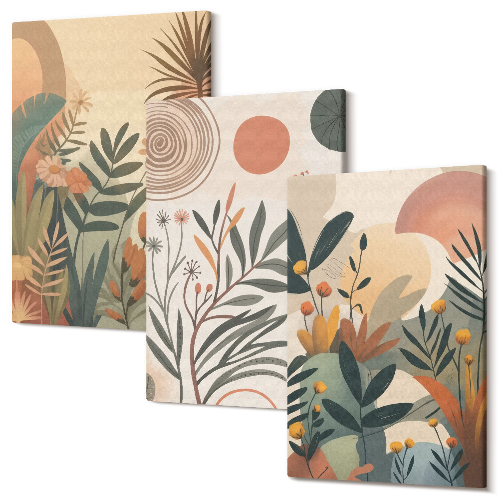 Sada 3 obrazov Rastlinné motívy v tlmených farbách s kruhmi