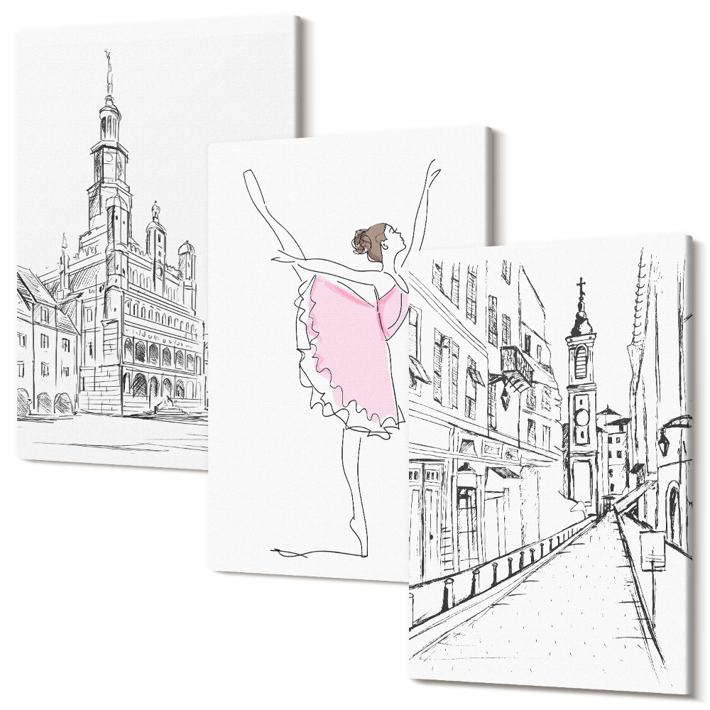 Sada obrazov triptych Štýlové obrázky tancujúcich balerín a architektúry