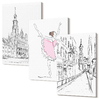 Sada obrazov triptych Štýlové obrázky tancujúcich balerín a architektúry