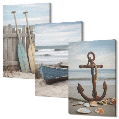 Sada obrazov na stenu triptych Pláž s veslicou a kotvou v piesku