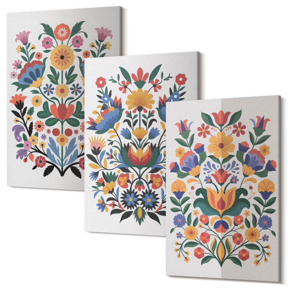 Sada obrazov triptych Kvetinové vzory v intenzívnych farbách na bielom podklade