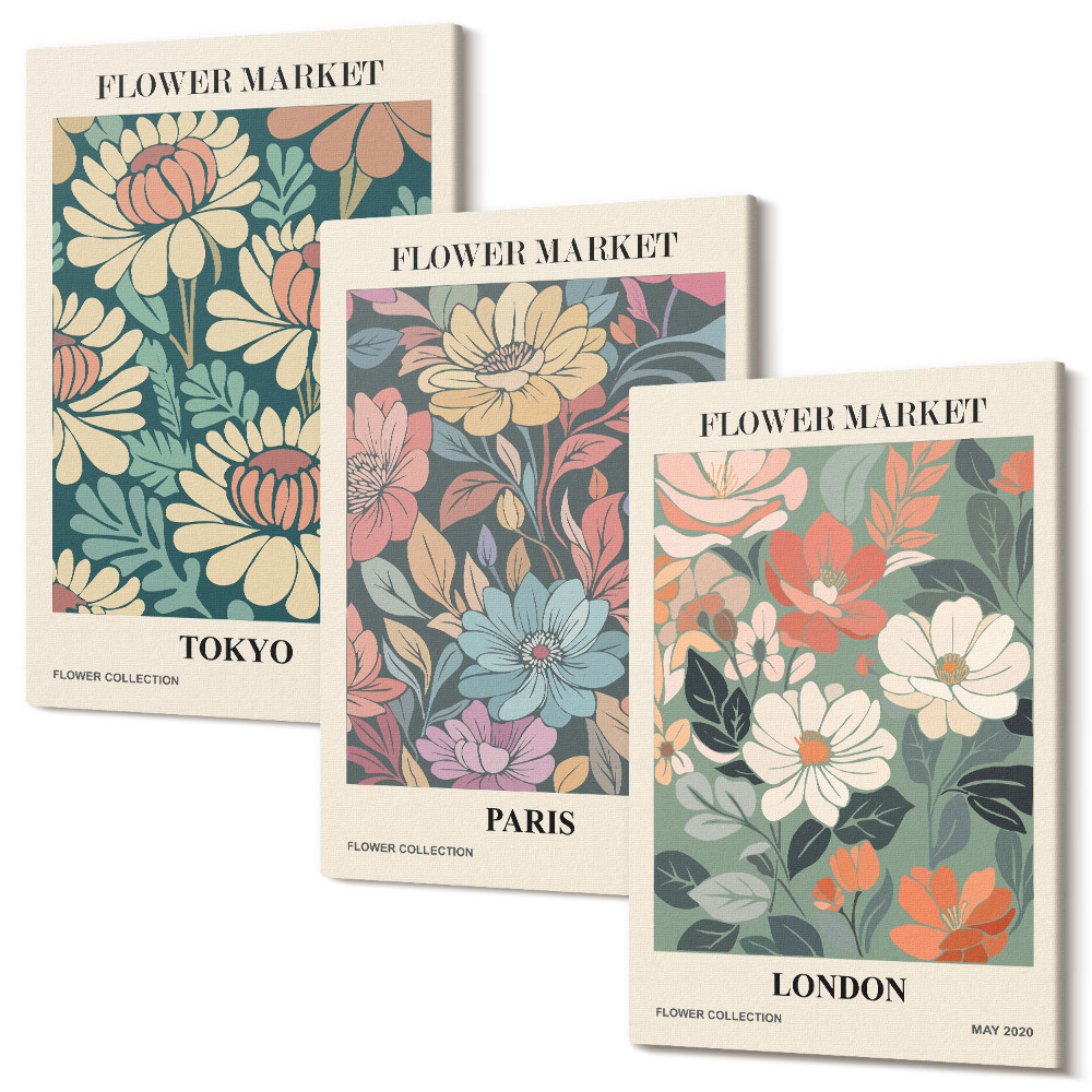 Sada obrazov triptych Kvetinové plagáty Tokio Paríž Londýn
