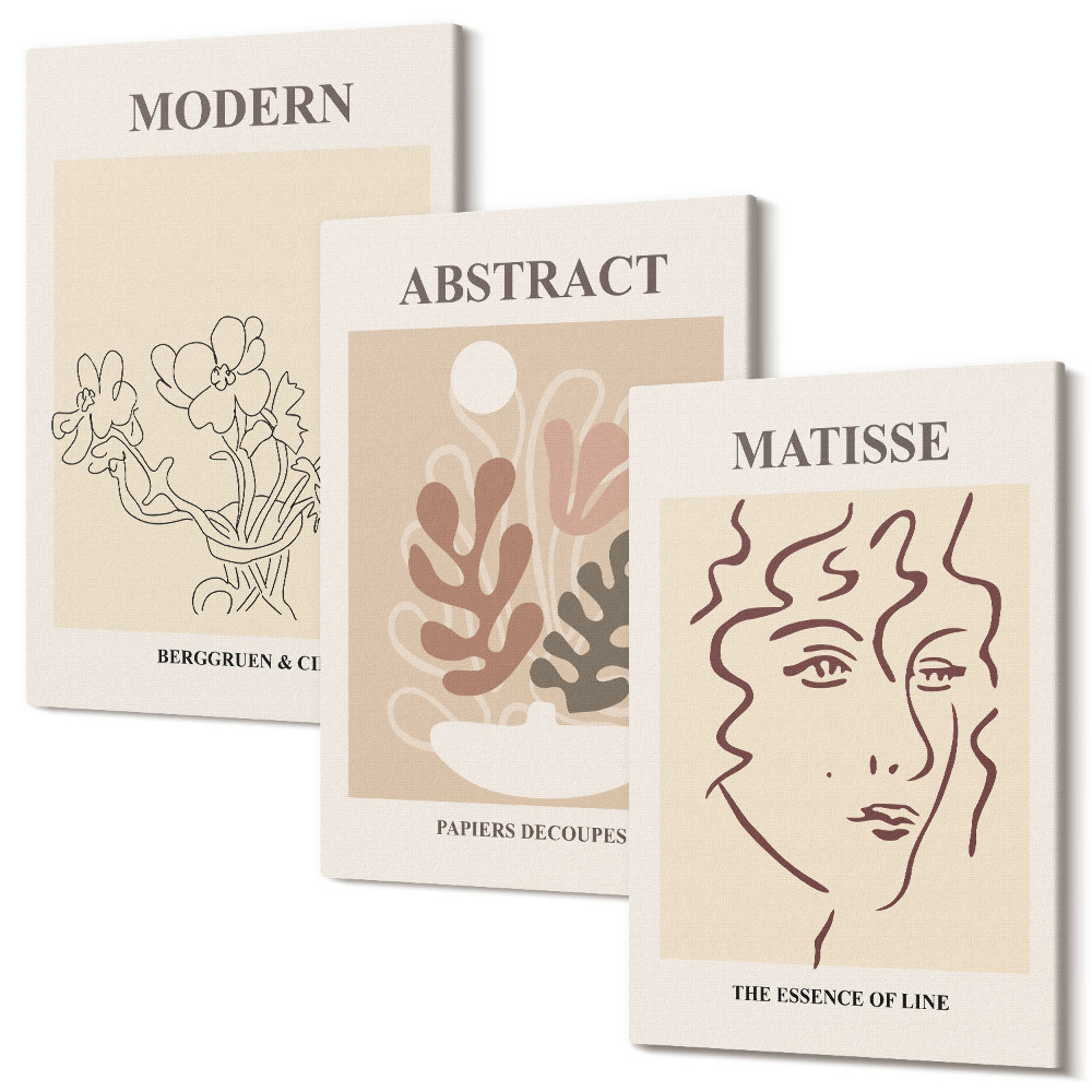 Sada 3 obrazov Rastlinné motívy a línie v modernom štýle