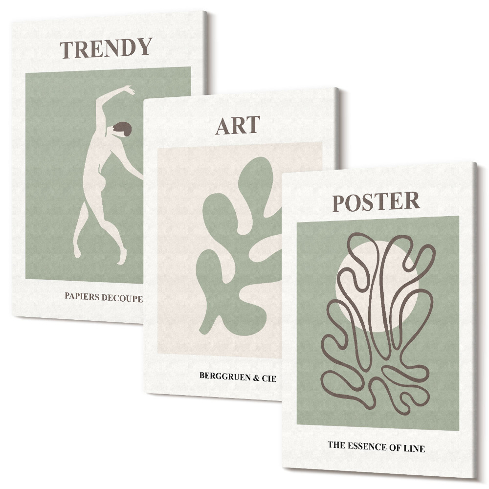 Sada obrazov triptych Abstraktné postavy a rastlinné motívy v tlmených farbách