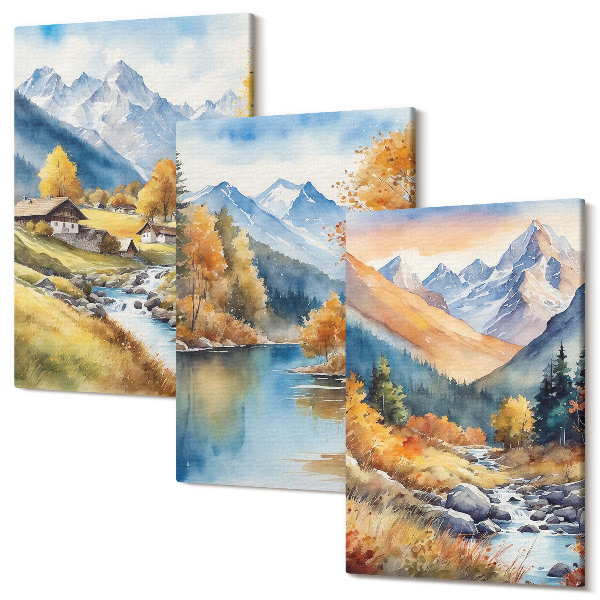 Sada obrazov triptych Maľované jesenné hory s riekou a chatkami