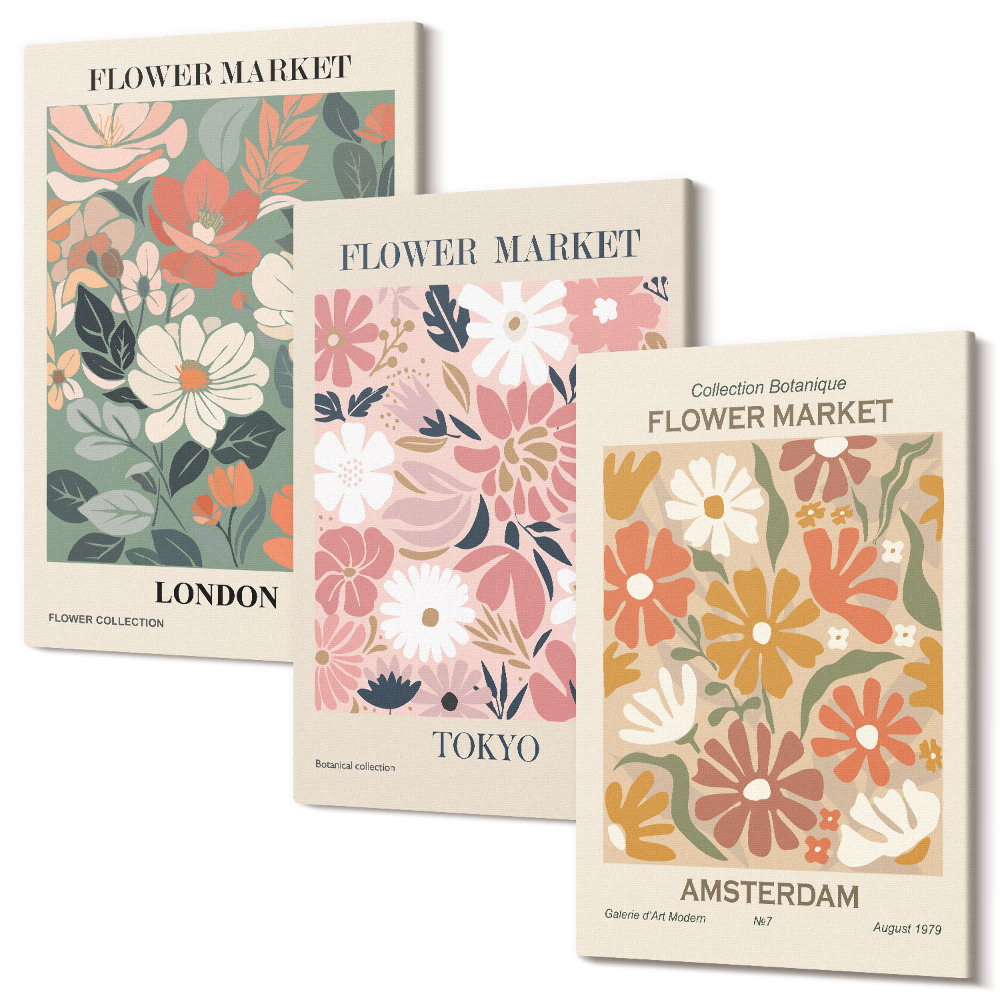Sada obrazov na stenu triptych Kvetinové vzory plagáty Londýn Tokio a Amsterdam
