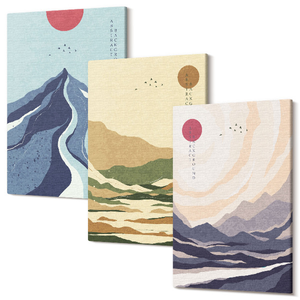 Sada obrazov triptych Hory v pastelových farbách, japonský štýl