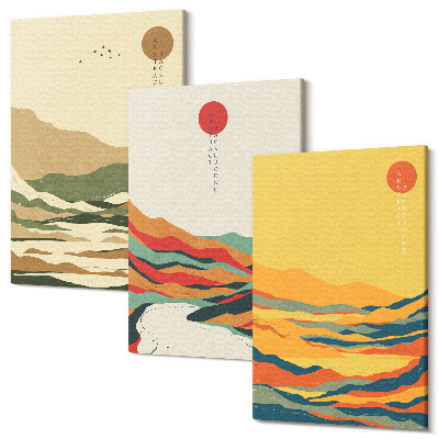 Sada obrazov triptych Farebné vzory hôr a riek v japonskom štýle