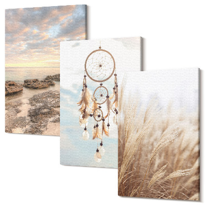 Sada obrazov triptych Výhľad na more s mrakmi, lapačom snov a trávou