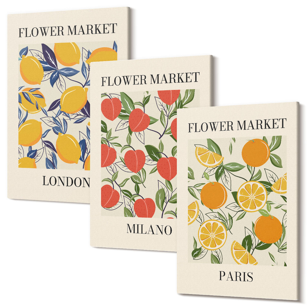 Sada 3 obrazov Kvetinové plagáty v Londýne, Miláne a Paríži