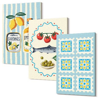Sada obrazov triptych Ilustrácie kuchyne v stredomorskom štýle