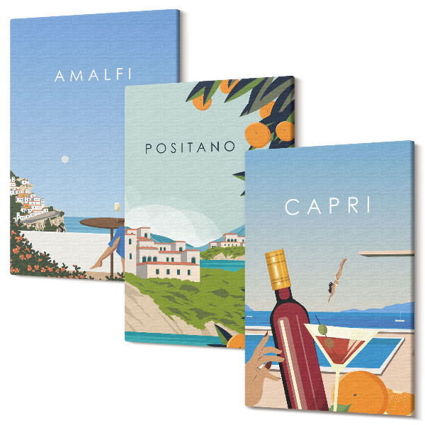 Sada obrazov triptych Dovolenkový výhľad na Amalfi, Positano a Capri