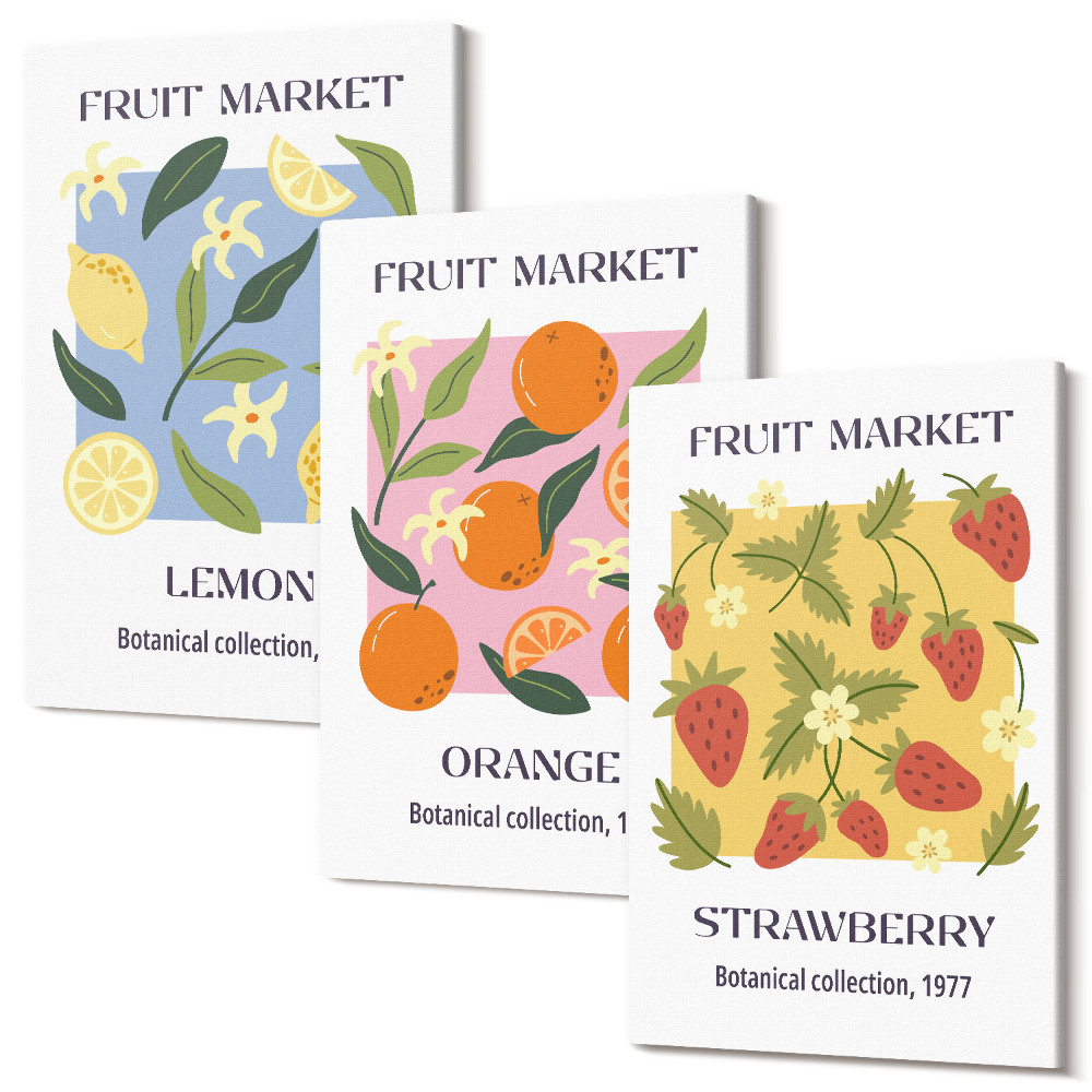 Sada obrazov na stenu triptych Ovocné plagáty s citrónmi, pomarančmi a jahodami