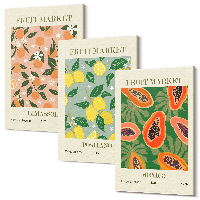 Sada obrazov triptych Citrusy a tropické ovocie v retro štýle