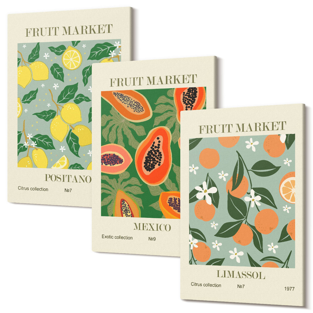 Sada 3 obrazov Ovocné plagáty citróny papája kvety mandarínky