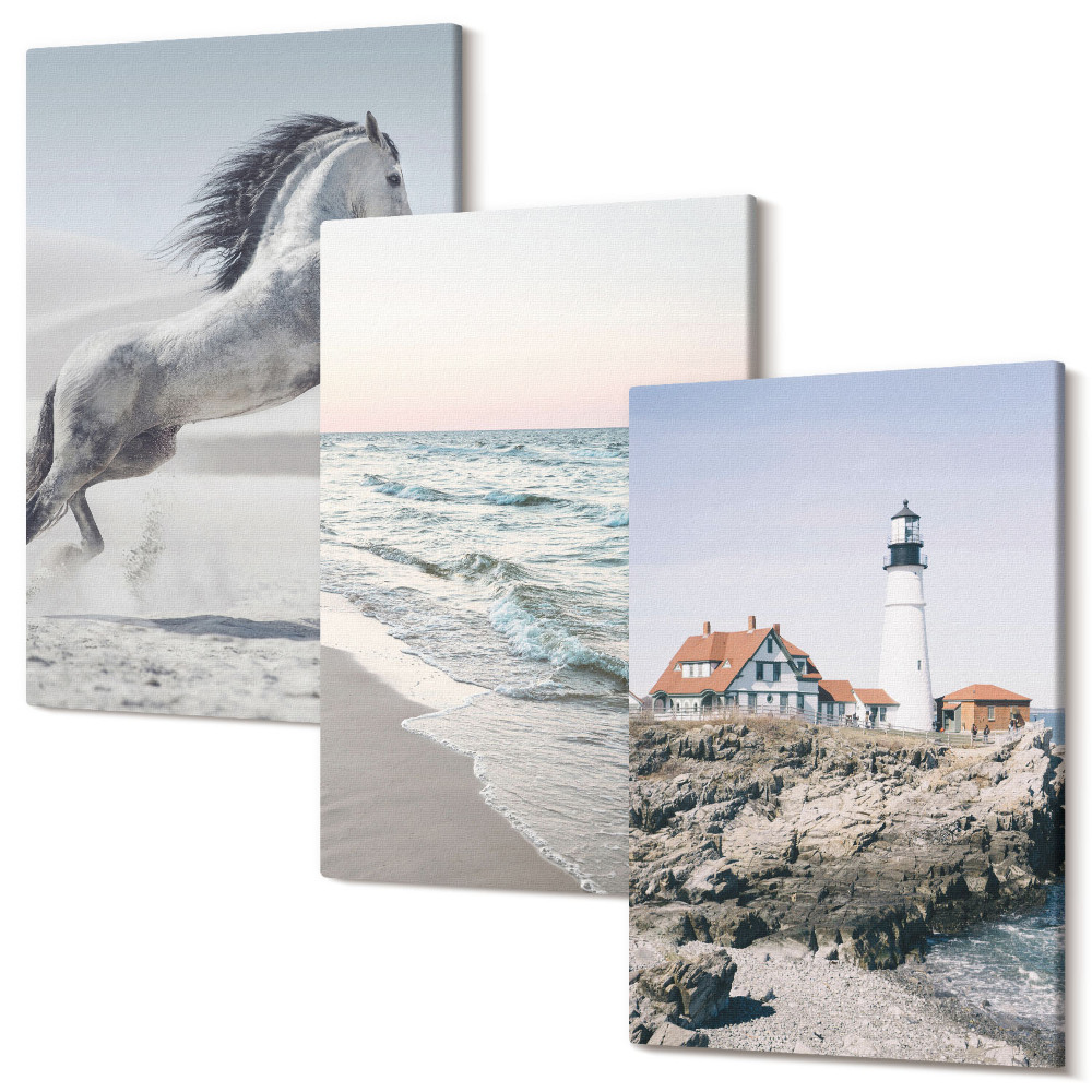 Sada obrazov na stenu triptych Kone v pohybe pláž a maják vodné vlny