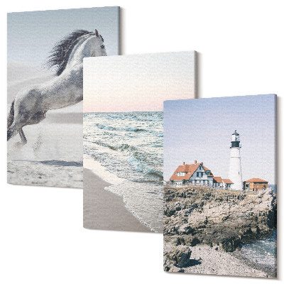 Sada obrazov na stenu triptych Kone v pohybe pláž a maják vodné vlny