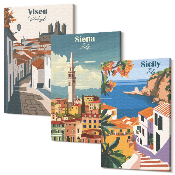 Sada obrazov triptych Retro ilustrácie slávnych miest po celom svete