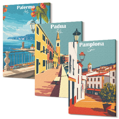 Sada obrazov na stenu triptych Obľúbené mestá v retro ilustračnom štýle