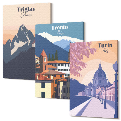Sada obrazov na stenu triptych Hory a retro architektúra farebné ilustrácie