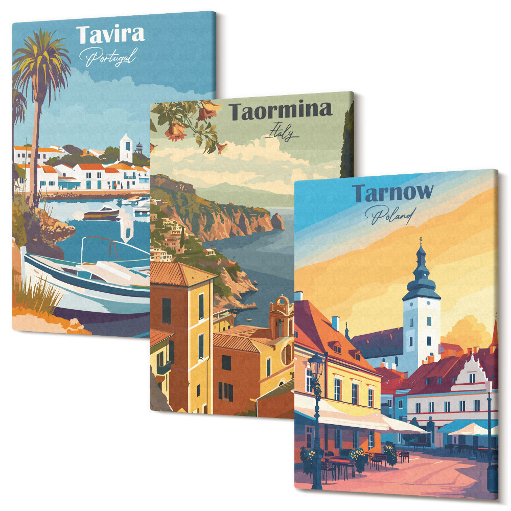 Sada obrazov triptych Pohľady na pobrežné mestá a ich architektúru