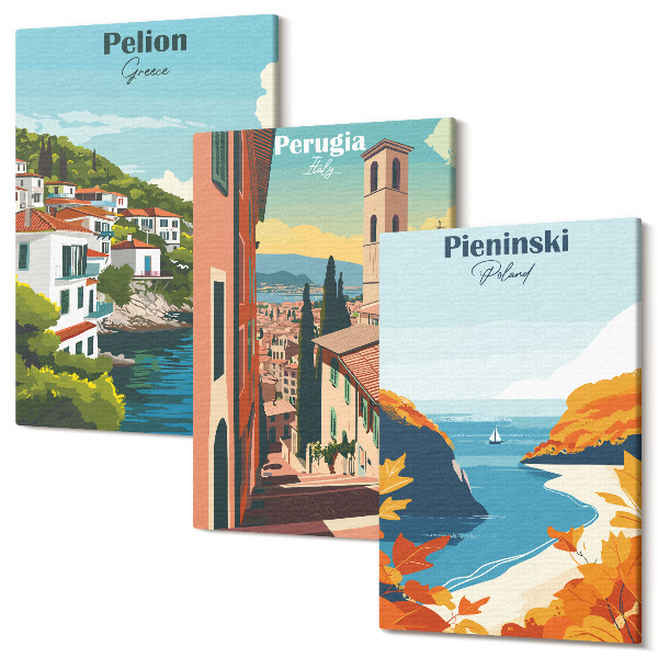 Sada obrazov triptych Malebné krajinky v retro štýle