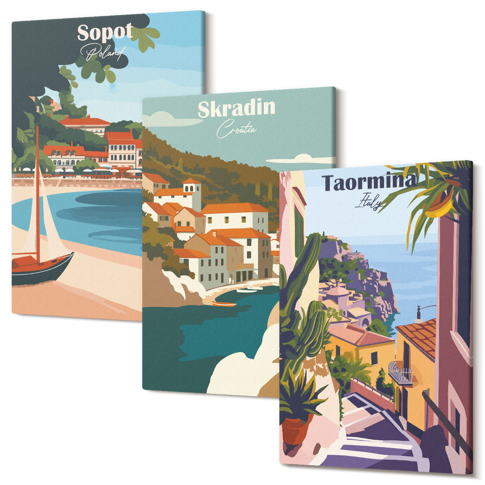 Sada obrazov na stenu triptych Štýlové ilustrácie s výhľadom na prímorské mesto