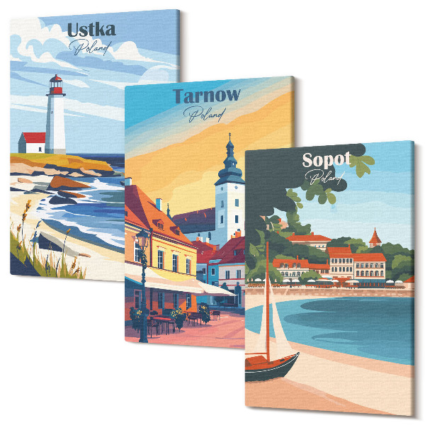 Sada obrazov na stenu triptych Pohľady na poľské mestá Ustka Tarnów Sopot