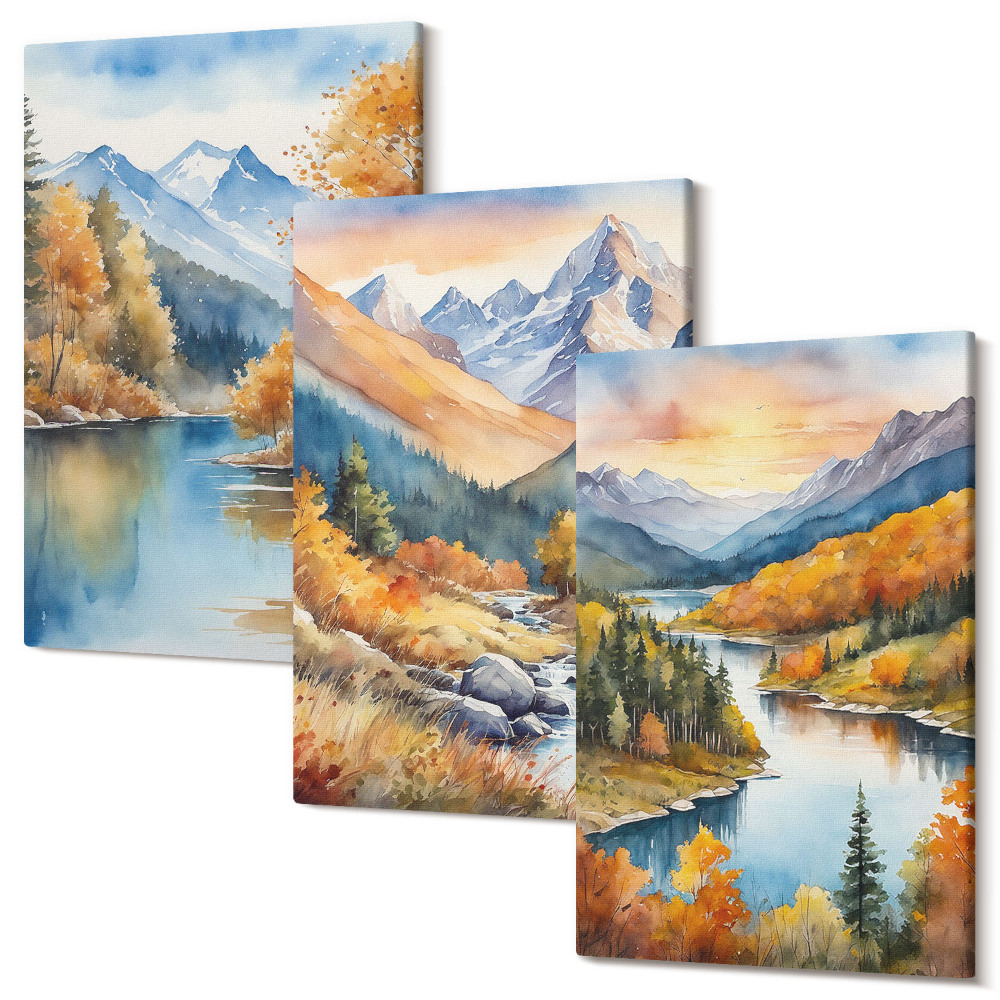 Sada 3 obrazov Horská krajina s riekou a jesennými stromami