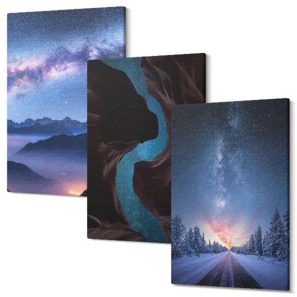 Sada obrazov triptych Nočná obloha horská roklina a zimná krajina